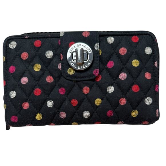 Vera Bradley Wallet RFID Georgia Clutch with Turnkey Clasp Black with Polka Dots - Picture 1 of 5